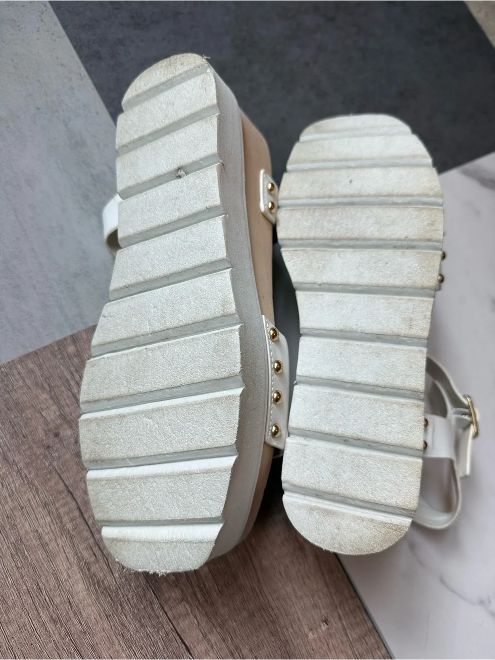 Steve Madden White Platform Sandals with Gold Studs